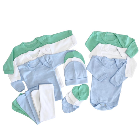 Set Ajuar Triple Celeste, Blanco y Verde 0-3 Meses