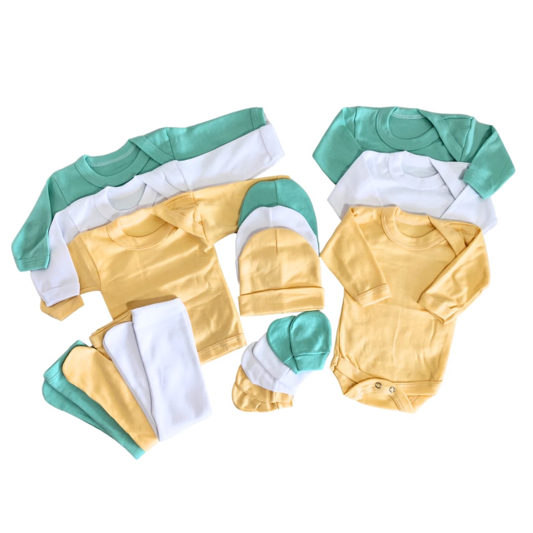 Set Ajuar Triple Verde, Blanco y Amarillo 0-3 Meses