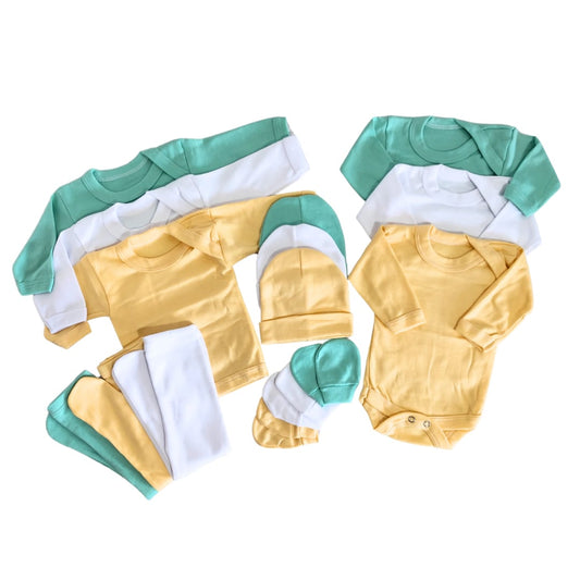 Set Ajuar Triple Verde, Blanco y Amarillo 0-3 Meses