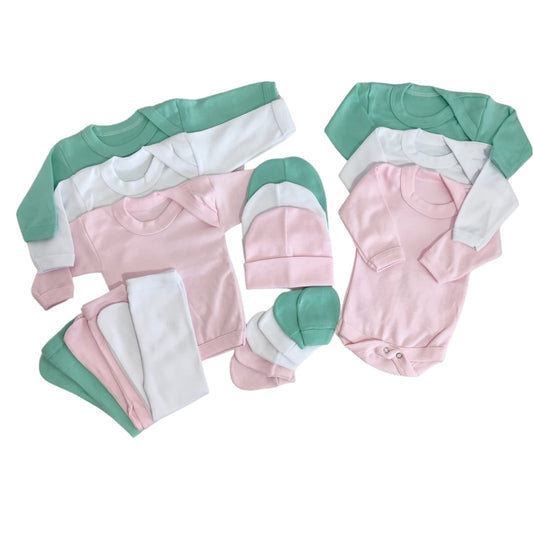 Set Ajuar Triple Verde, Blanco y Rosa 0-3 Meses
